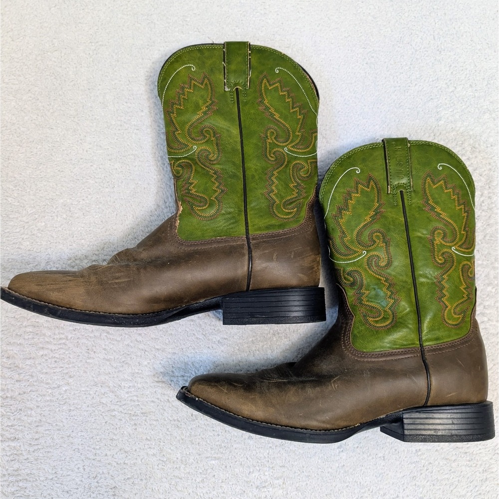 Cowboy Boots Justin Farm Ranch Faux Leather Square Toe Green/Brown Men 13D JB111
